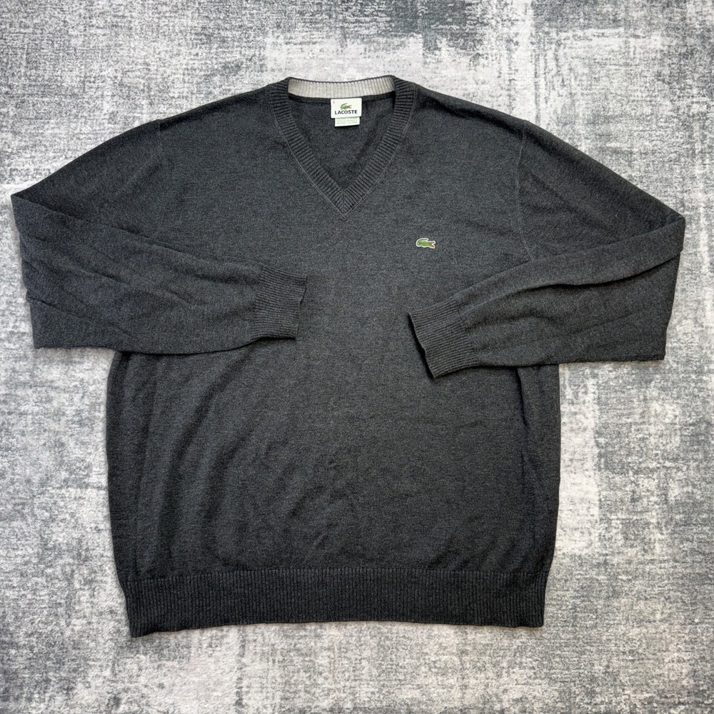Lacoste Sweater Mens 6 XL Gray V-Neck Knit Lightweight Preppy Ivy Jumper Logo